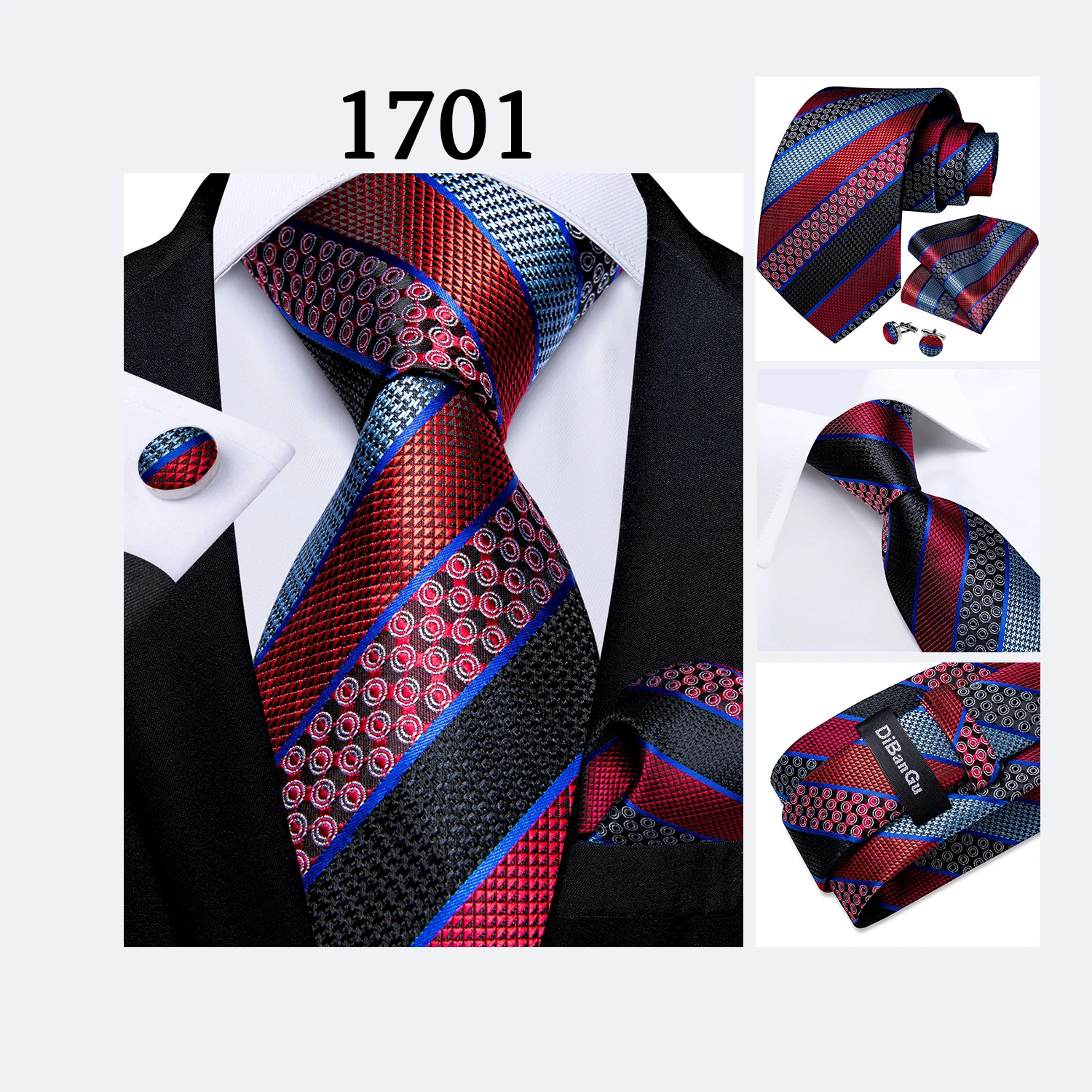 Neues modisches kariertes Herren-Krawatten-Set, hochwertige 8 cm breite Krawatte, Einstecktuch, Manschettenknöpfe, Business-Hochzeitskrawatte, Geschenk für Männer – Detail 12