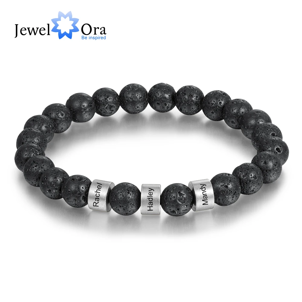 Personalized Stainless Steel Beaded Chain Name Engravd Bracelets for Men Customized Lava Tiger Eye Stone Bracelets Gifts for Him