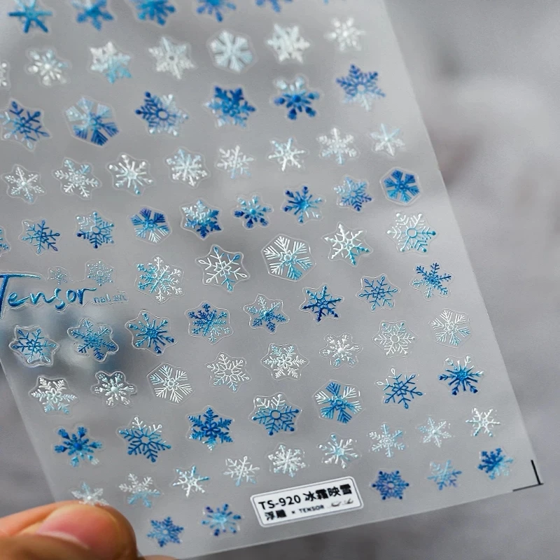 5D Acrylic Engraved Nail Sticker Blue White Snowflake Desgin Self-Adhesive Nail Transfer Sliders Wraps Manicures Foils DIY Z562