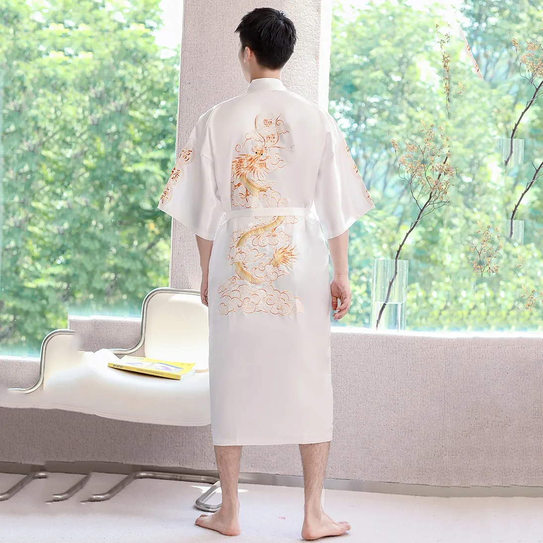 Navy Blue Embroidery Dragon Robe Nightgown Men Kimono Bathrobe Gown Satin Silk Sleepwear Nightwear  Loose Casual Home Clothes