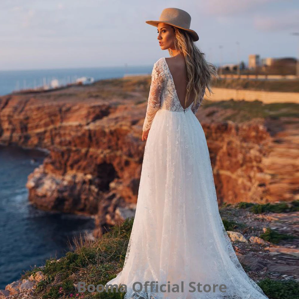 Booma-Vestidos de Novia de encaje, elegantes vestidos de novia bohemios de manga larga de tul, línea A, vestidos de boda de playa, vestidos de princesa bohemios para fiesta