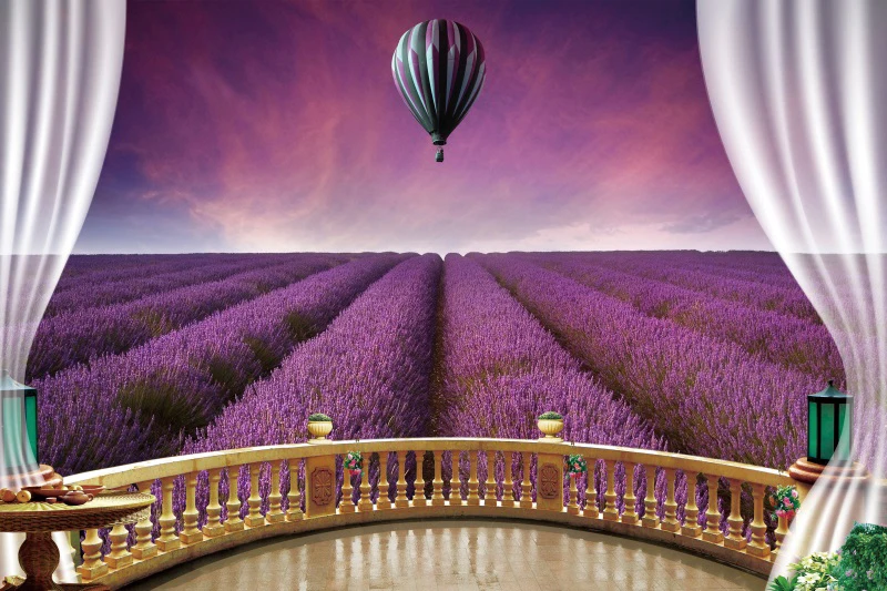 Spring Lavender Flower Garden Scenic Photo Backdrop Hot Air Balloon Party Photography Background Photophone Photo Studio