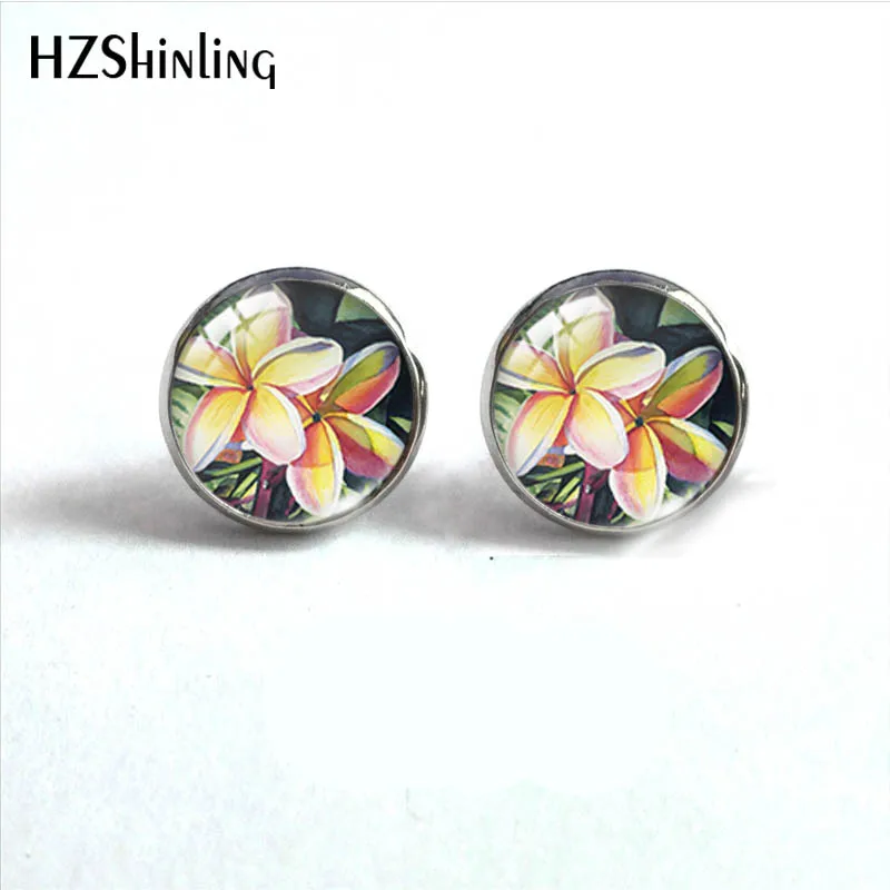 Hawaiian Plumeria Flower Paintings Stainless Steel Stud Earrings Glass Cabochon Ear Fashion Jewelry