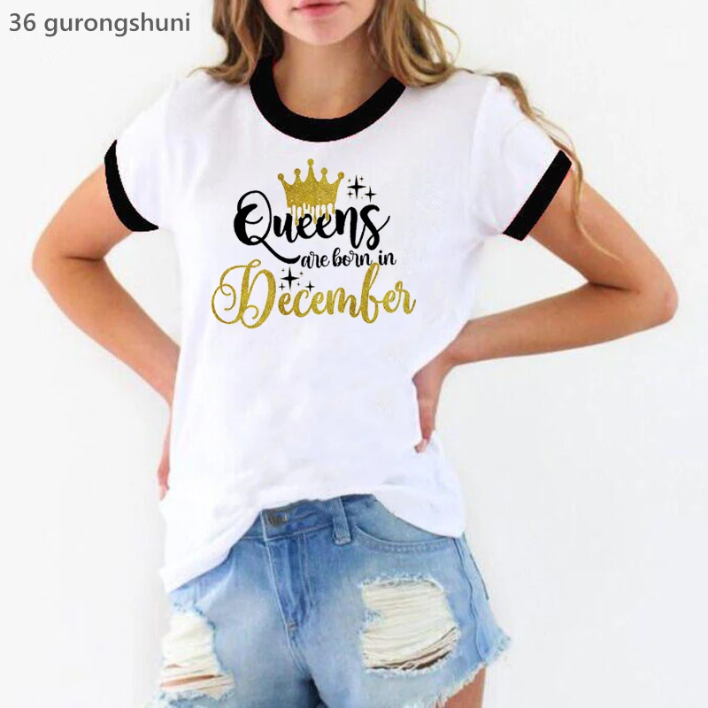 

2024 Hot Sale Birthday Gift T-Shirt Women Clothing Golden Crown Queen Are Born In January To December Letter Print Tshirt Femme