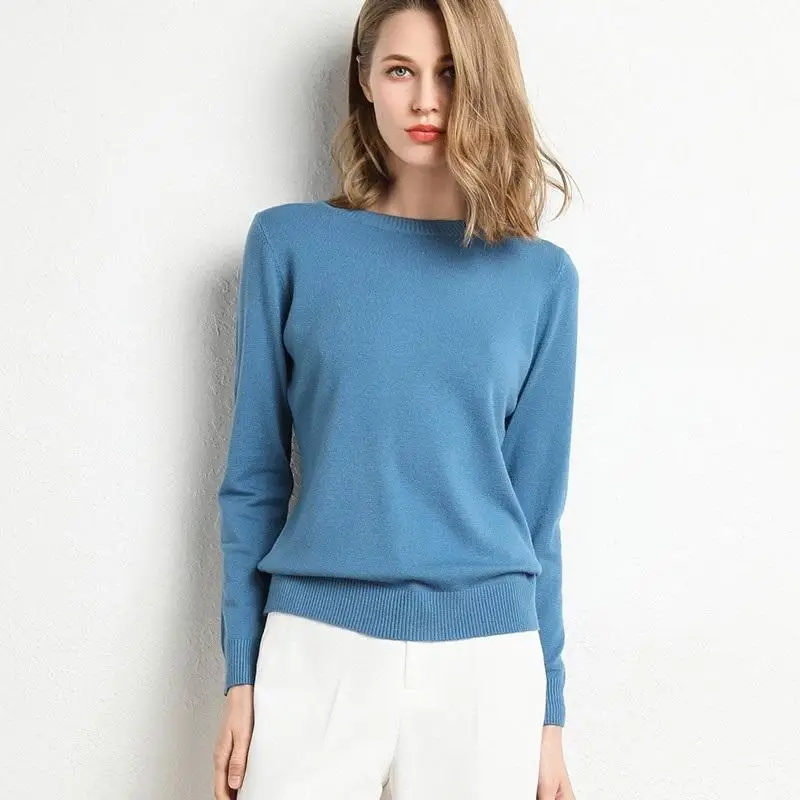 Damski sweter z wełny merynosów sweter z okrągłym dekoltem wiosna jesień z długim rękawem dzianina Slim Solid Color moda najniższe ubrania topy