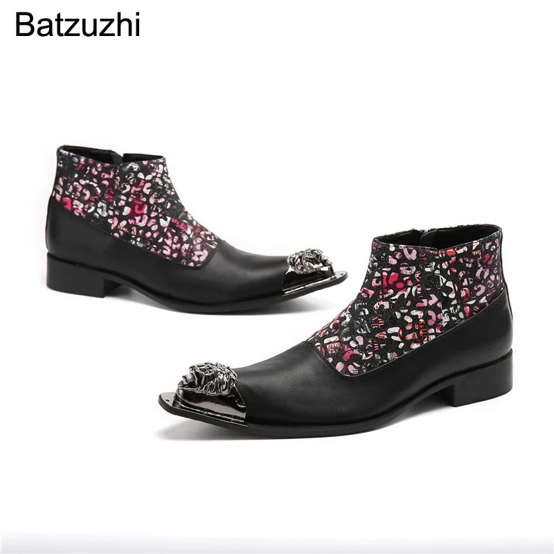 Batzuzhi Fashion Personality Men's Ankle Boots Genuine Leather Pointed Metal Toe Zip Black Color Leather Motorcycle/Party Botas