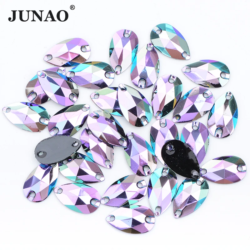 JUNAO 17x28mm Ametista AB Cucito di alta qualità Goccia di cristallo Flatback Strass Resina Strass Cucire sulle pietre per i gioielli dei vestiti