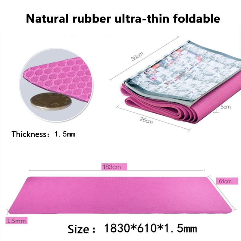 Yoga Mat Natural Rubber Ultra-thin Foldable Non-slip Portable Blanket Travel Pad Pilates Folding Bag Excercise 183* 61*0.15cm