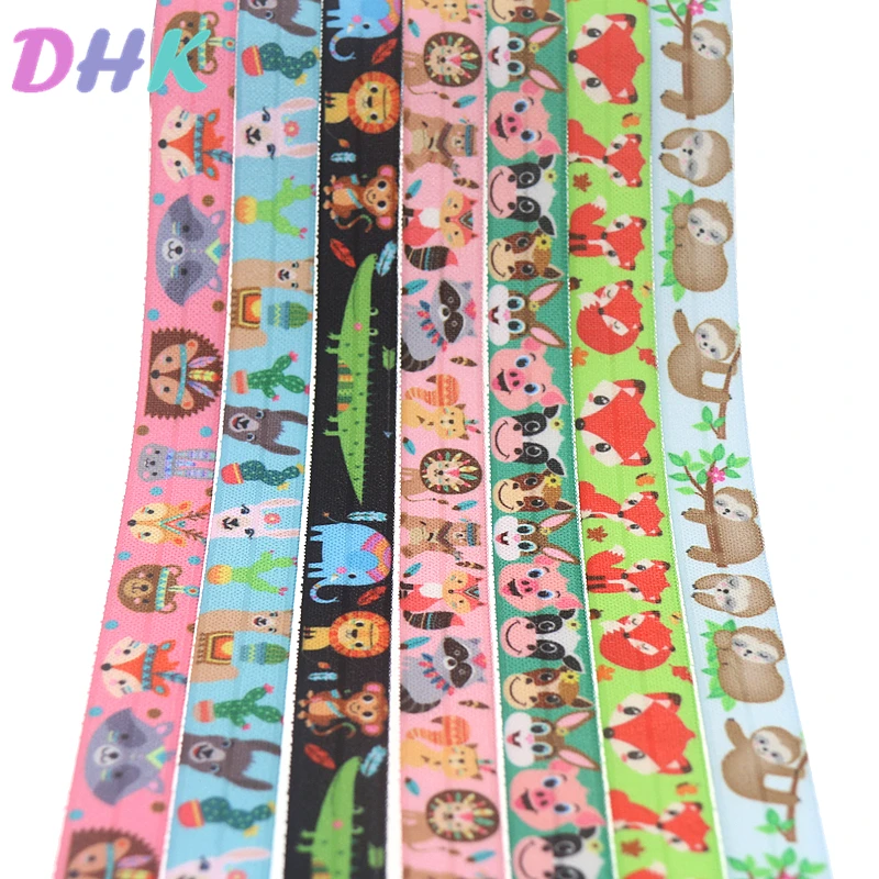 DHK 5/8\'\' 5yards animals fox sloth printed Fold Elastic FOE stretch ribbon hairbow headwear headband DIY OEM C1728