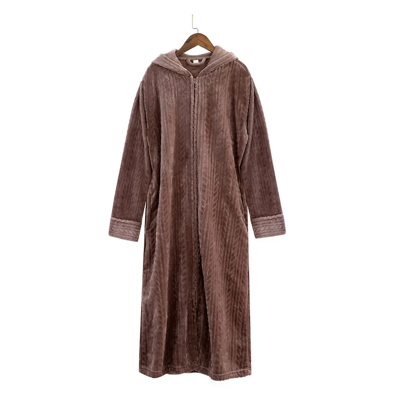 Men Women Extra Long Winter Warm Nightgown Size Pregnant Zipper Sleepshirts Luxury Soft Grid Flannel Thermal Dressing Gown