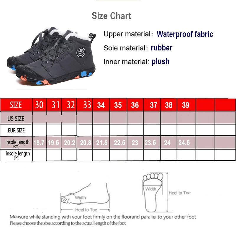 Детские зимние ботинки; Водонепроницаемая теплая обувь для мальчиков и девочек; Детские зимние ботинки с мехом; Нескользящие кроссовки; Размеры 30-39