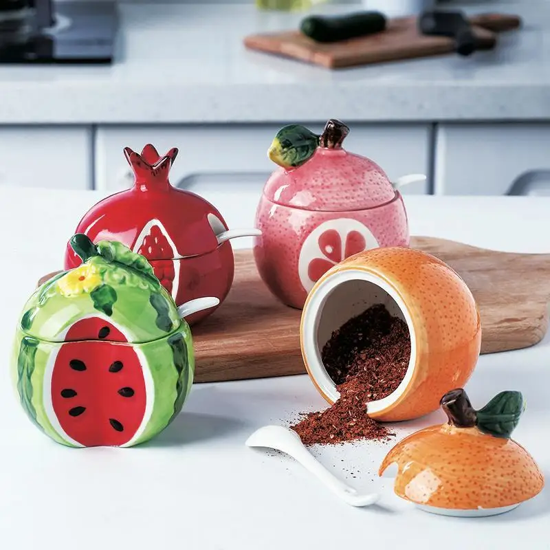 

Household Seasoning Pot Fruit Relief Ceramic Pot Watermelon Shape Pot with Lid Cup Spice Jar Spices Storage Box spice Container