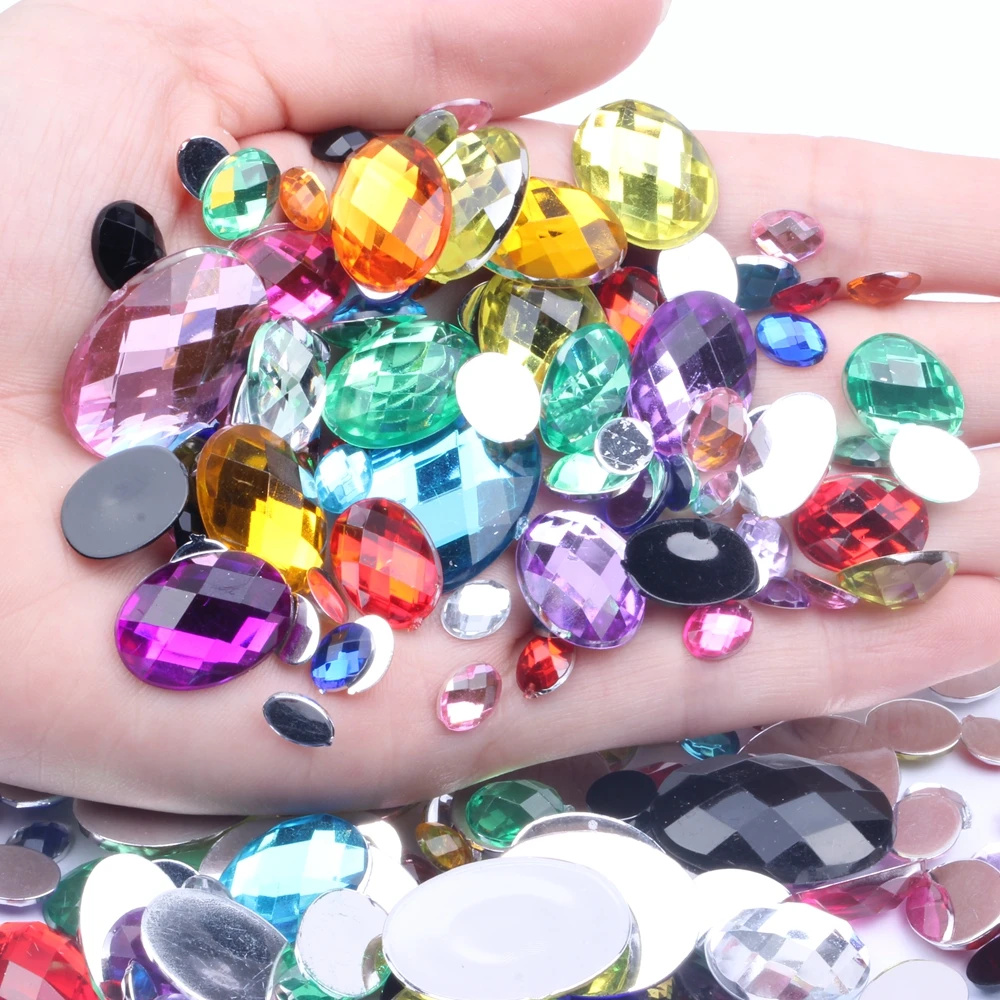 Mix Size 50g Oval Shape Earth Facets Acrylic Rhinestones Flatback Many Colors Glue On Beads DIY Jewelry Nails Art Supplies