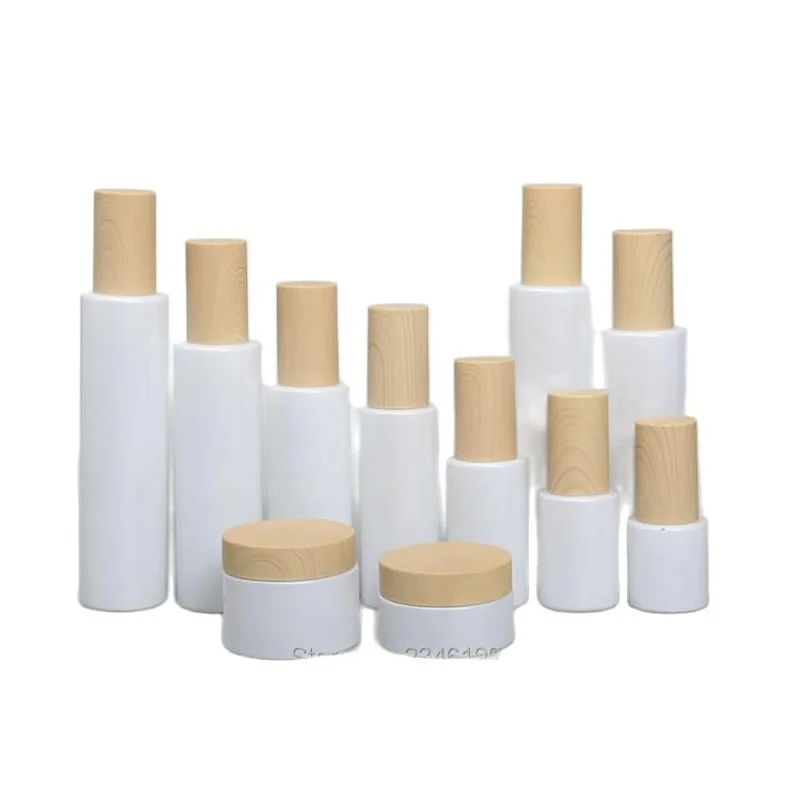 10pcs/Lot Empty Glass Cosmetic Containers, DIY White Elegant Lotion Pump Bottle, High Grade Cream Jar, Empty Toner Filler