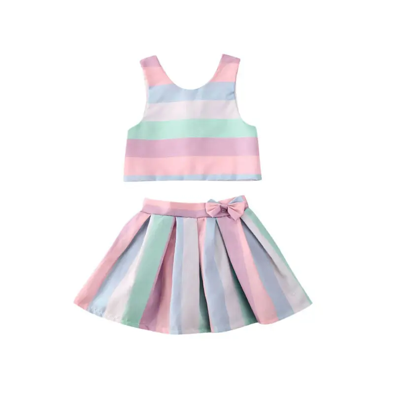 Cute Toddler Infant Baby Girl Clothes Set Rainbow Striped Sleeveless Vest Tops Tutu Princess Skirts Party Outfits Summer Suits