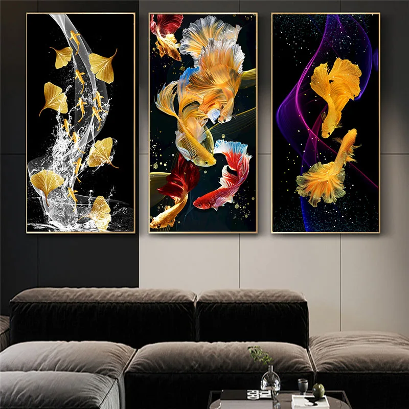 Modern Gold Ginkgo Biloba Carp Pond Fish Feng Shui Canvas Painting Prints Posters Home Decor Wall Art Picture For Living Room