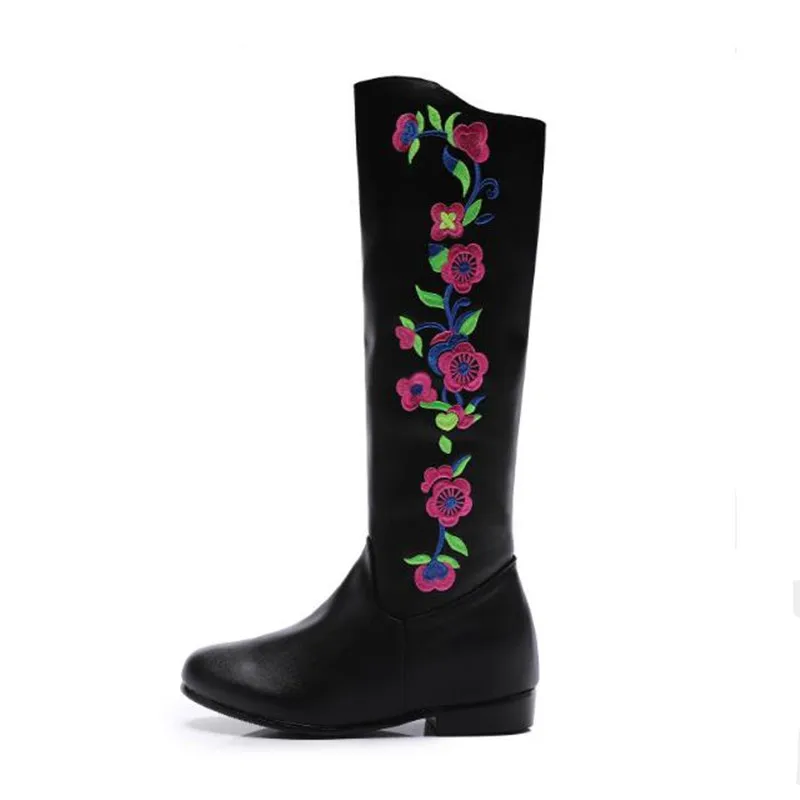 Spring Women PU Leather Long Boots Floral Embroidered Retro Wedges Booties Ladies Mid-Calf Fashion Boot Autumn Dress Shoes