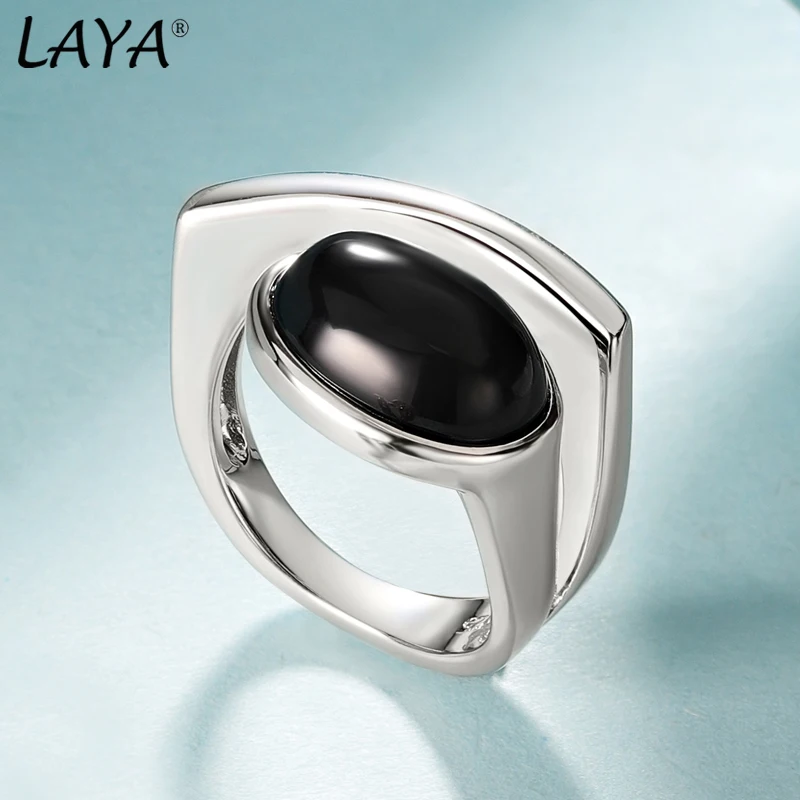 Laya 925 Sterling Silver Black Agate Pink glass Personalized Design Irregular Men\'s Black Ring Fashion Original Modern Jewelry