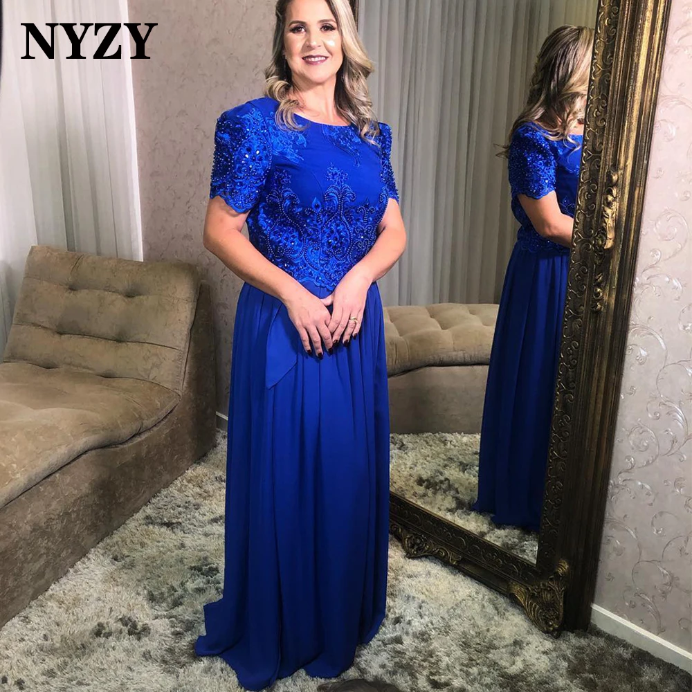 

NYZY M349 Elegant Heavy Beaded Short Sleeves Royal Blue Mother of the Bride Dresses 2021 Wedding Party Dress Formal Evening Gown