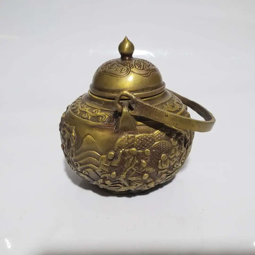 Chinese pure brass hundred children send blessings teapot statues home decor sculpture