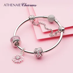 ATHENAIE 925 Sterling Silver Mixed Enamel Shine Zircons Daisy Charms Bracelet for Women DIY Jewelry