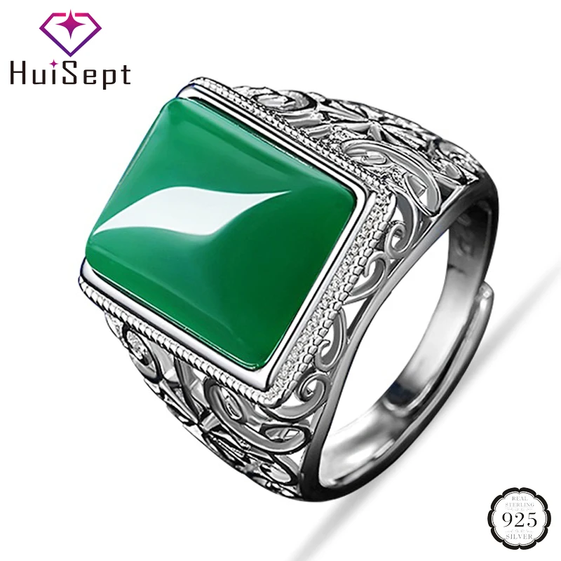 

HuiSept 925 Silver Ring Jewelry for Men Geometric Shape Emerald Gemstone Rings Ornaments for Wedding Anniversary Gifts Resizable