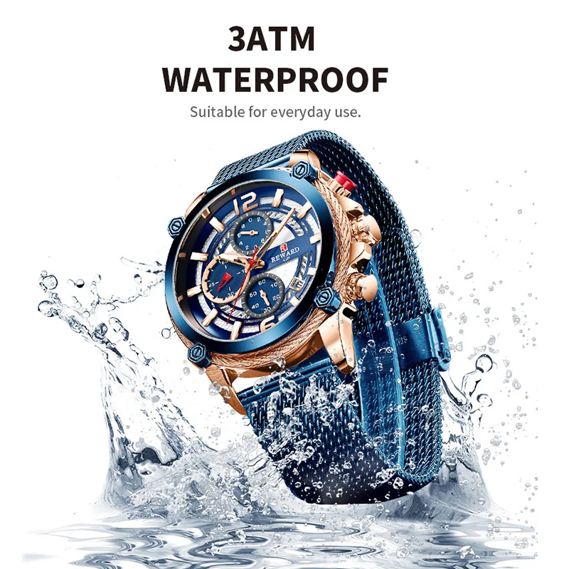 REWARD Luxury Mens Watch Top Brand Blue Steel Mesh Strap Chronograph Waterproof Men Sport Quartz Wrist Watch Relogio Masculino