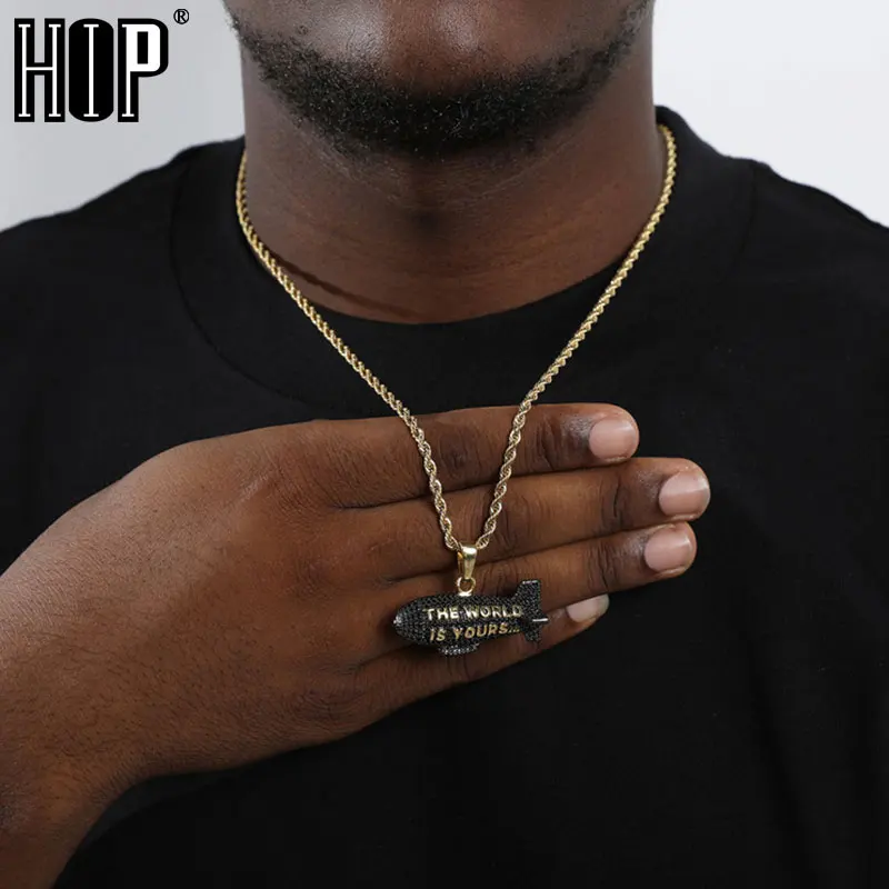 Hip Hop THE WORLD IS YOURS Blimp Gold   Color Cubic Zircon Necklaces & Pendants For Men Jewelry With Tennis Chain