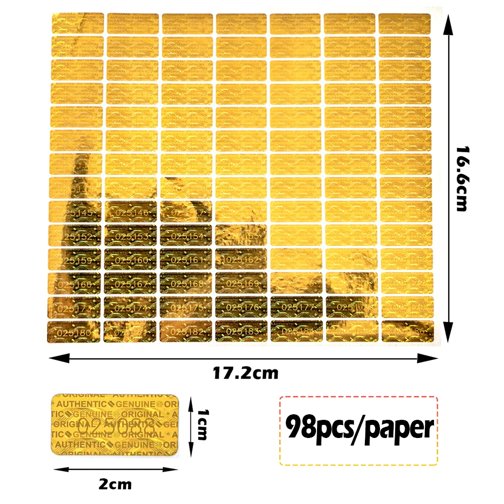 Tamper-Proof Golden Label with Serial Number, Anti-fake Hologram, Security Sealing Labels, Warranty Void Stickers, 10x20mm