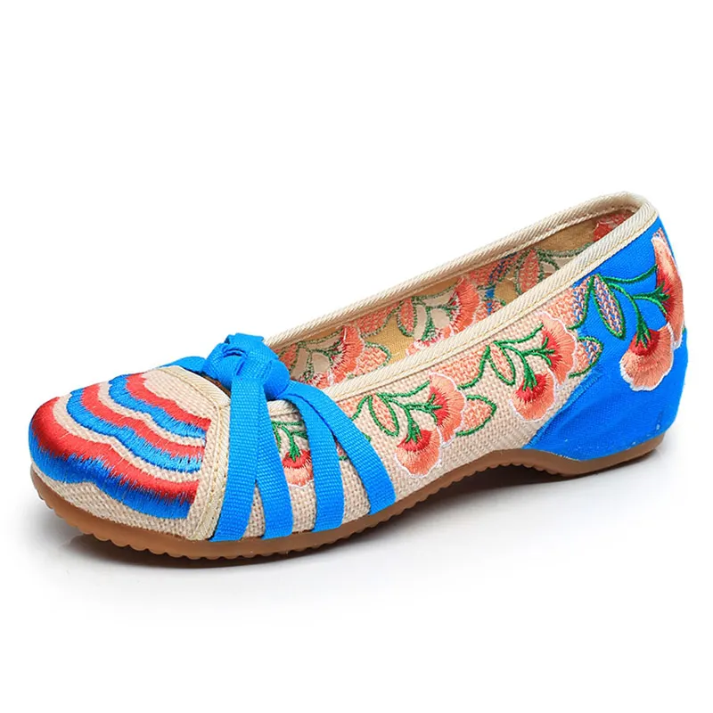 Veowalk Old Beijing Classical Women's Shoes Old Peking Mary Jane Flat Heel Canvas Flats Flower Embroidery Casual Dancing Shoes