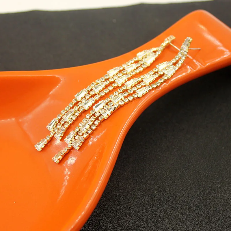 Shiny Full Rhinestone Drop Earrings for Women Square Long Tassel Crystal Dangle Earring Weddings Fashion Jewelry Gifts A349