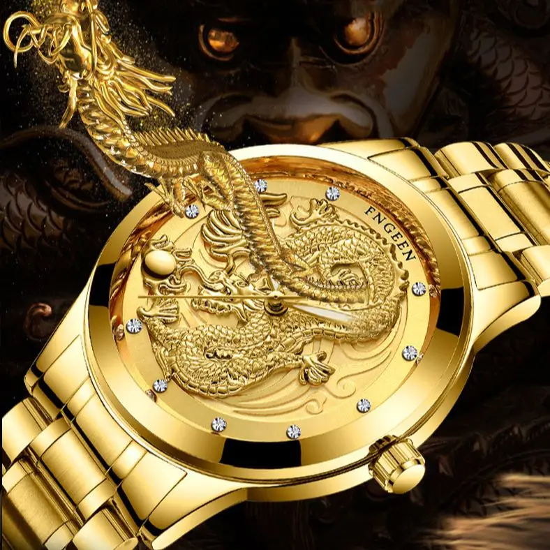 FNGEEN-Reloj de pulsera ultrafino de cuarzo para hombre y mujer, cronógrafo con correa de acero, diseño de dragón y Fénix, Color dorado, S666