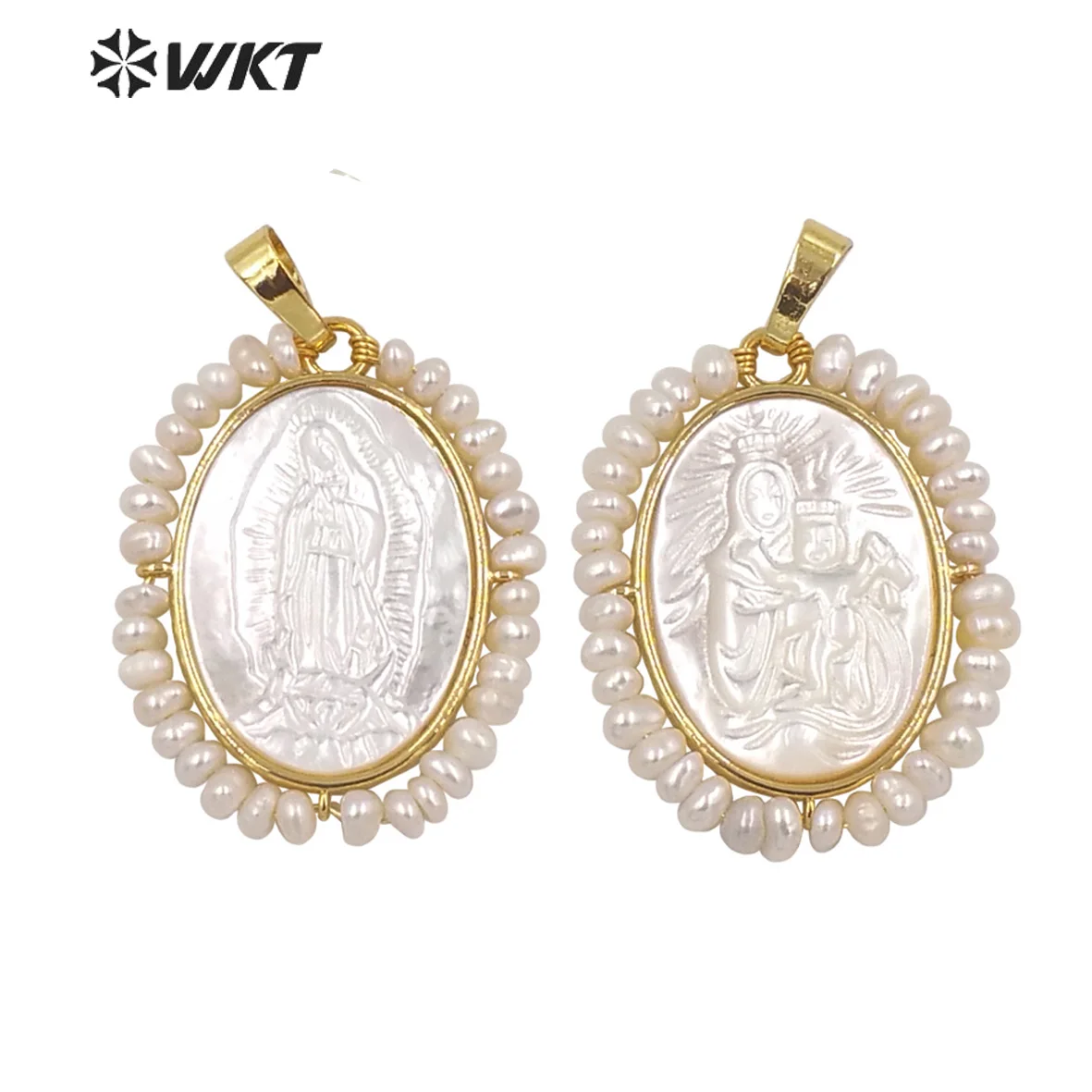 WT-JP255 Wholesale Amazing White Shell Carved Virgin Mary Pendant Natural Pearl Charm Wrapped Religous Style For Jewelry DIY