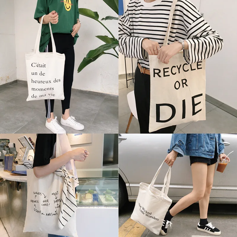 

New French alphabet simple thin cloth bag one shoulder canvas bag brand canvas bag shopping bag white cloth bag tote bag