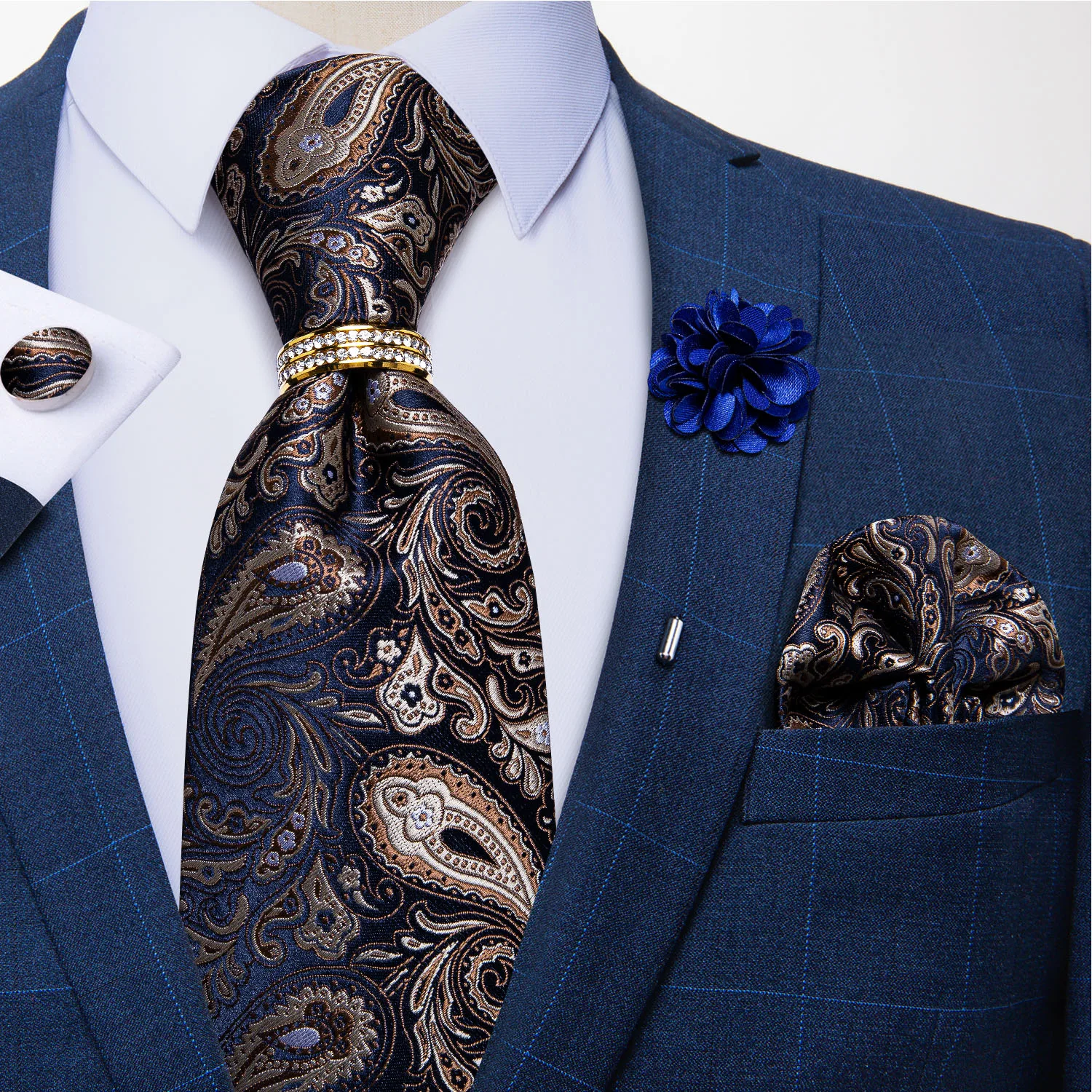 Neue Designer-Krawatten in Blau und Rot mit Paisley-Muster für Herren, Hochzeits- und Partykrawatte, luxuriöse Krawatte mit Ring und Brosche, Krawatten-Set, Geschenk für Herren, DiBanGu – Detail 21