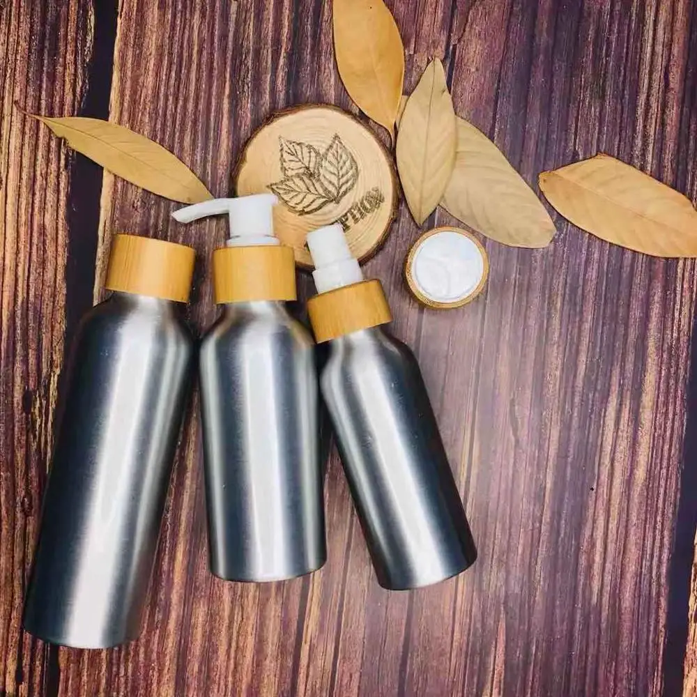 Fine Mist Pump Atomizer Cosmetic jars Empty Aluminum Bottles With bamboo Screw Lid Caps 30ML100ML 120ML 150ML 250ML Container