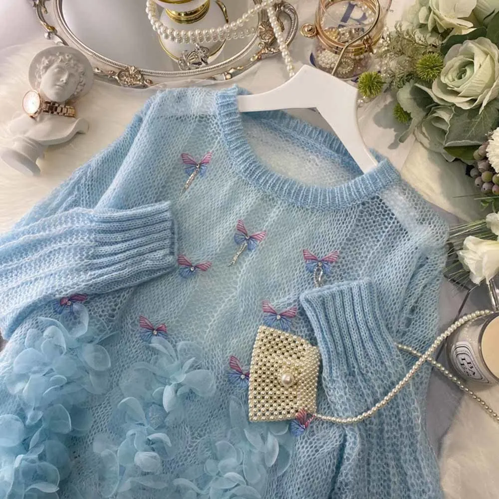 Beaded Flower Knitted Sweater for Female 2022 Autumn New Loose Outer Wear Sweaters Blue Purple Pullover Jumper Lady Casual Top