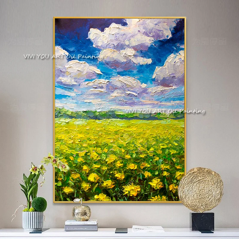 Handmade Yellow Sunflower Field Landscape Oil Painting Green Plant Canvas Modern Wall Art Living Room No Frame Home Decoration