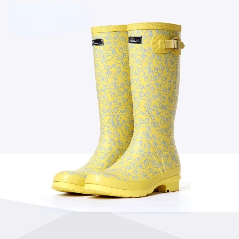 Women\'s high tube printing season rain boots rain boots high tube vulcanized shoes rubber European style high tube rain boots