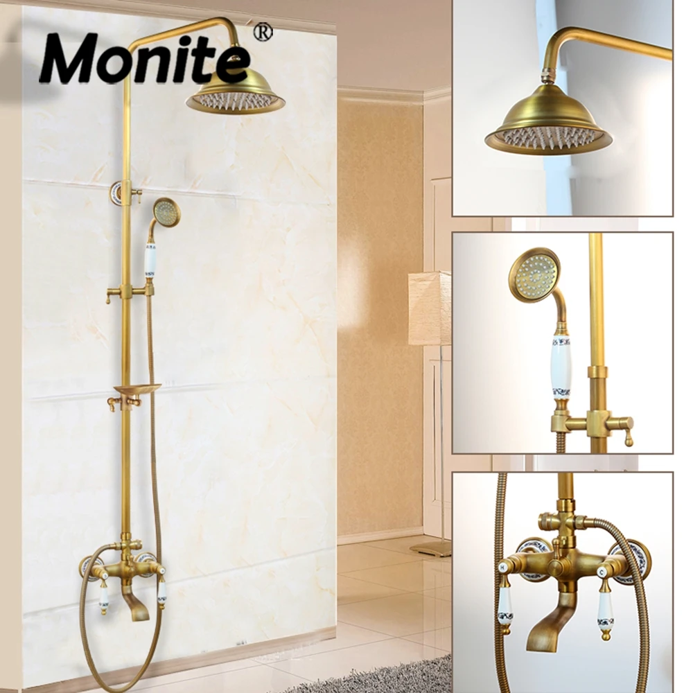 Monite Wall Mounted 8 Inch Rainfall Shower Mixers Antique Brass Shower Bath Faucet Sets Sliding Soap Dish Handshower Faucets