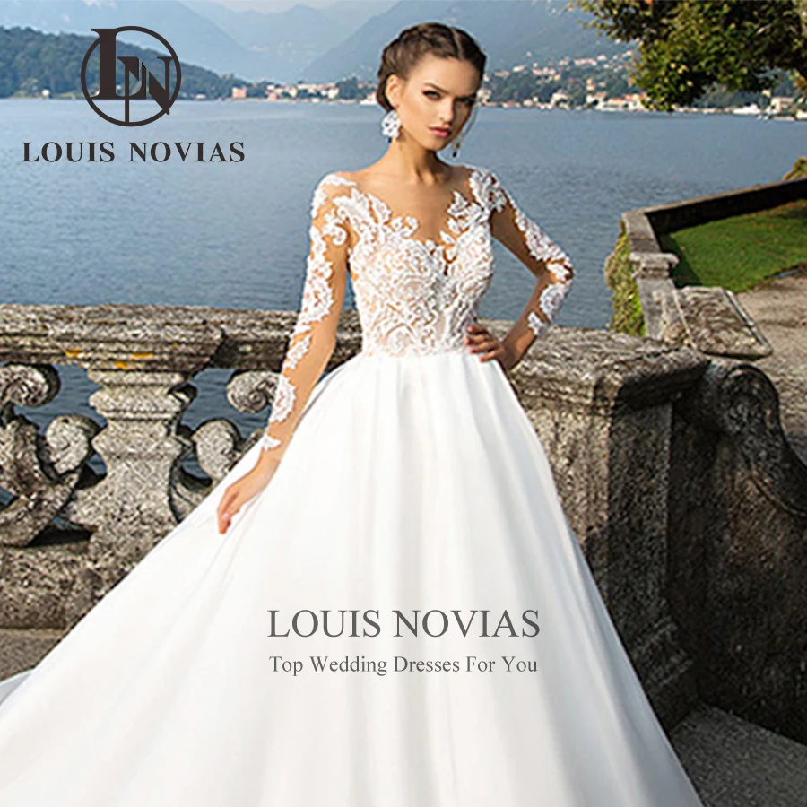 LOUIS NOVIAS 여성용 긴팔 웨딩 드레스, 섹시한 새틴 공주 신부 가운, 연인 아플리케, A 라인 베스티도 드 노비아