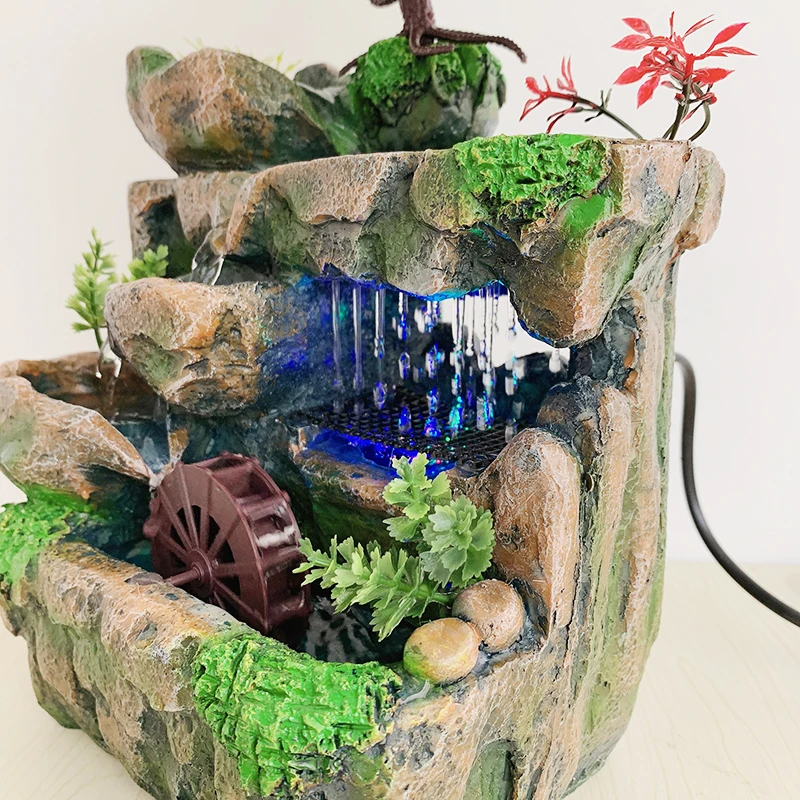 Home Tabletop Landscape Flowing Water Waterfall Ornament Resin Rockery Water Fountain Feng Shui Decor with 7-color LED Change