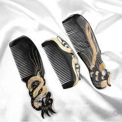 Retro Natural OX Cow Horn Dragon Phoenix Peacock Comb Hair Brush Health Scalp Massage Anti-static Combs Detangle Woman Gift