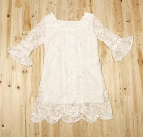 Girl's Middle Sleeve Square Collar Lace Tops Girls Princess Dress Little Women's Slim Mini Casual Lace Dress White XS