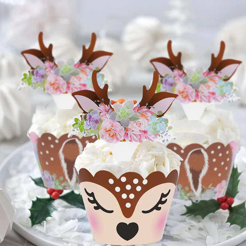 12/24 stücke Cartoon Sika Deer Cupcake Wrapper Geweih Papier Kuchen Topper Frohe Weihnachten Weihnachten Neue Jahr Geburtstag Party Dekoration – Detail 21