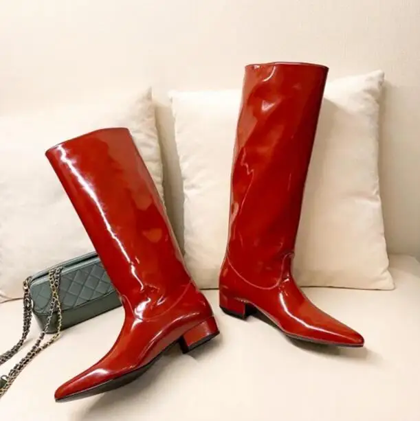 Good Quality Fashion Red Black Patent Leather Knee High Boots Female Pointed Toe Slip On Low Heels Tube High Top Long Boots