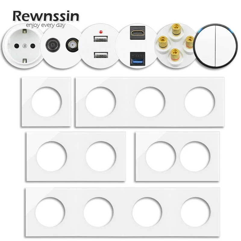 Free Combinations Wall Electrical Outlet EU DIY Customized Single/Double/Triple/Four White Glass Panel Frame Power Switch Outlet