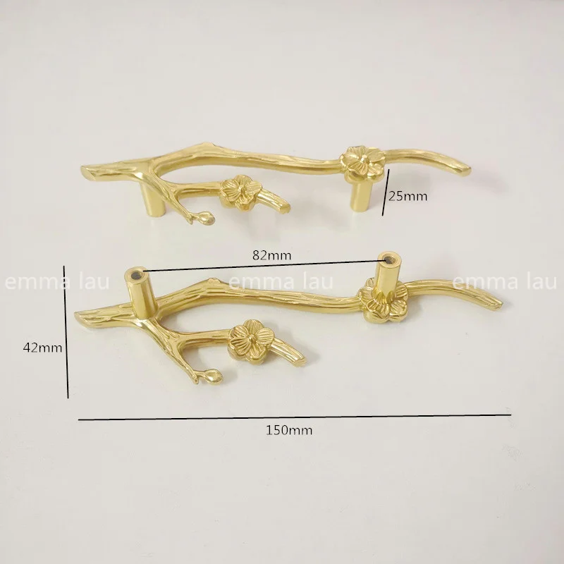 

1Pcs Brass Forged Plum Branches Cabinet Handle Furniture Drawer Knobs Cupboard Pulls Double Hole Gold Kitchen Cabinet Handles