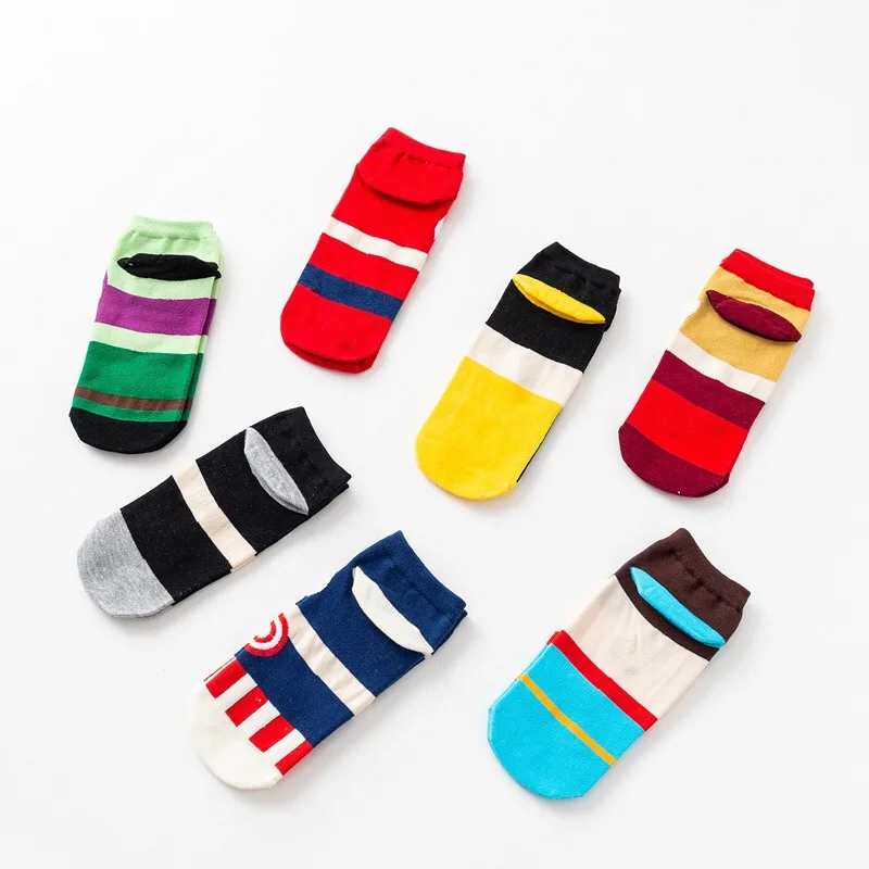 Men Cotton Socks Hero US Super Iron Fun Cartoon Color Casual Fashion Striped Short Ankle Chaussettes