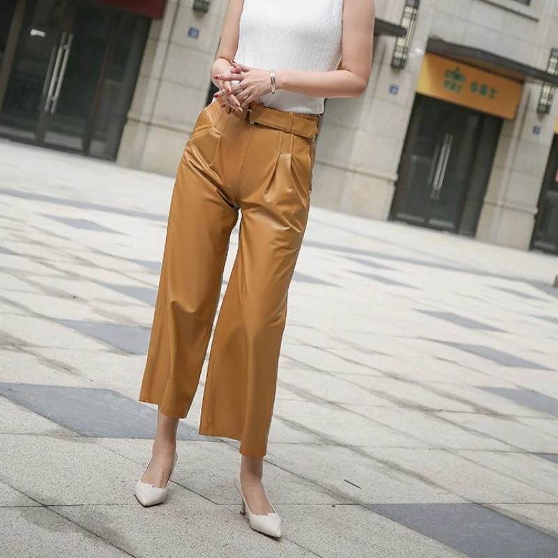 Sashes Womens High Waist Pants Loose Genuine Leather Wide Leg Pants Streetwear New Autumn Casual Sheepskin Straight Trousers